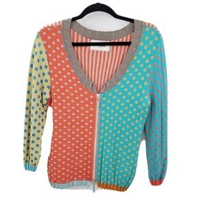 Eva & Claudi polka dot sweater cardigan womens size small color block zip up